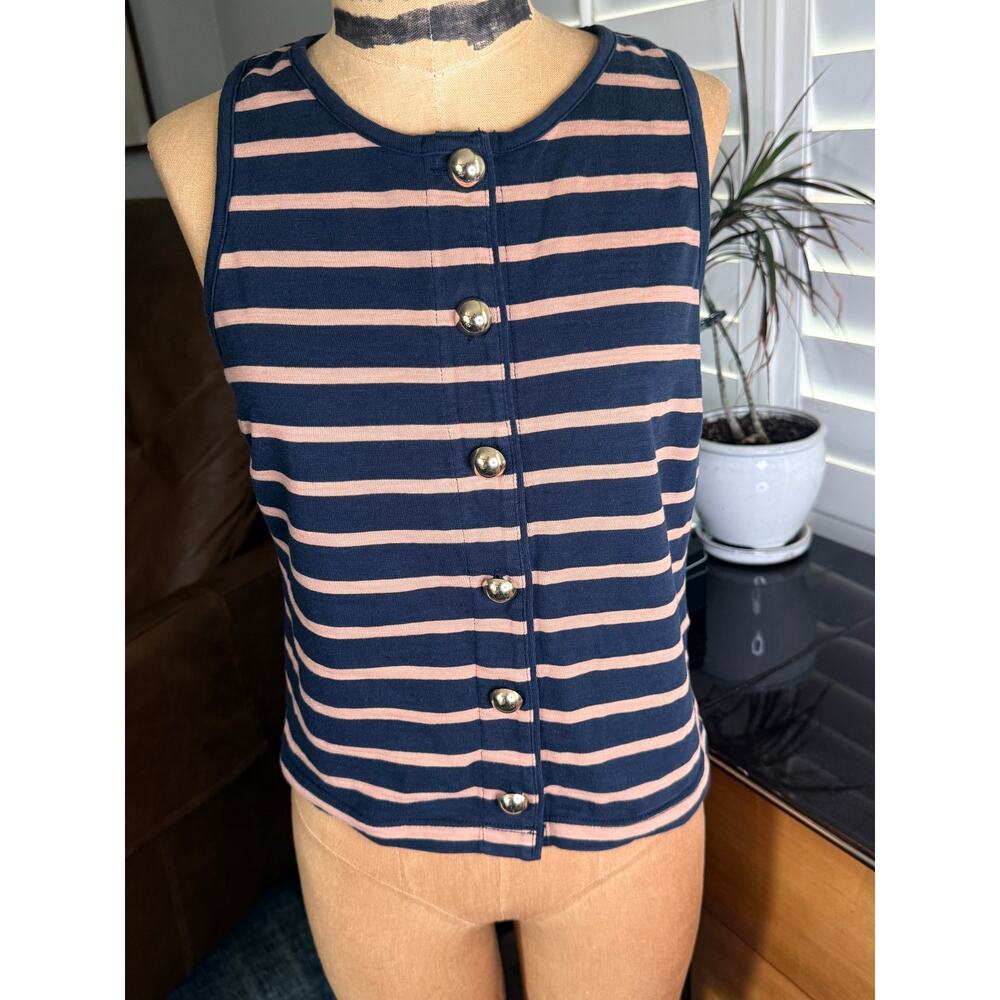 Nation LTD Abbie Tank M Navy Blush Stripe Gold Button Front Cotton Top
